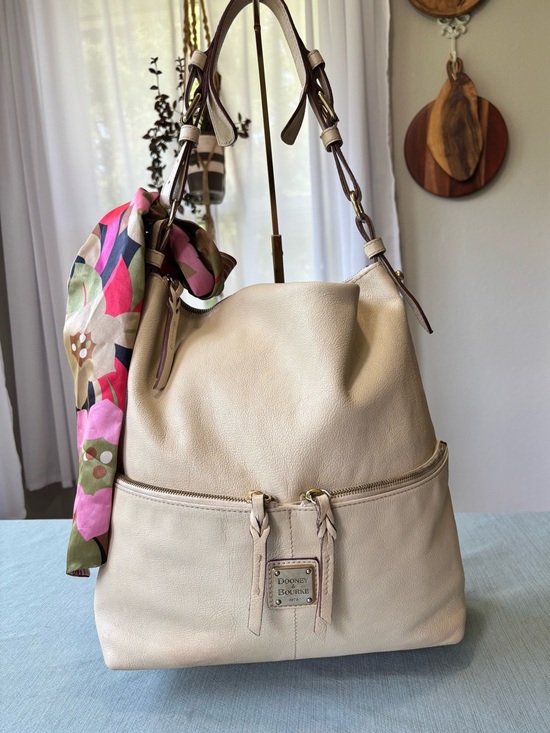 Dooney & Bourke Handbags - Dooney & Bourke Ecru Cream Pebbled Leather Shoulder Hobo with Colorful Scarf